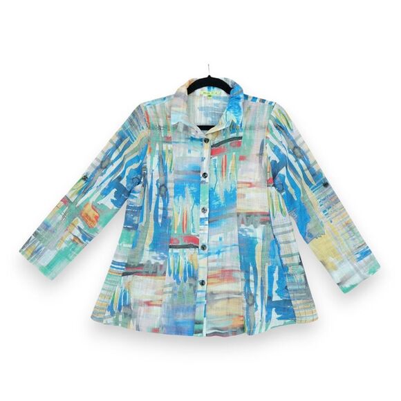 Trisha Tyle Button Up Tunic Top Sz PS Petites Wire Collar Lon Sleeve‎ Watercolor - Picture 1 of 5